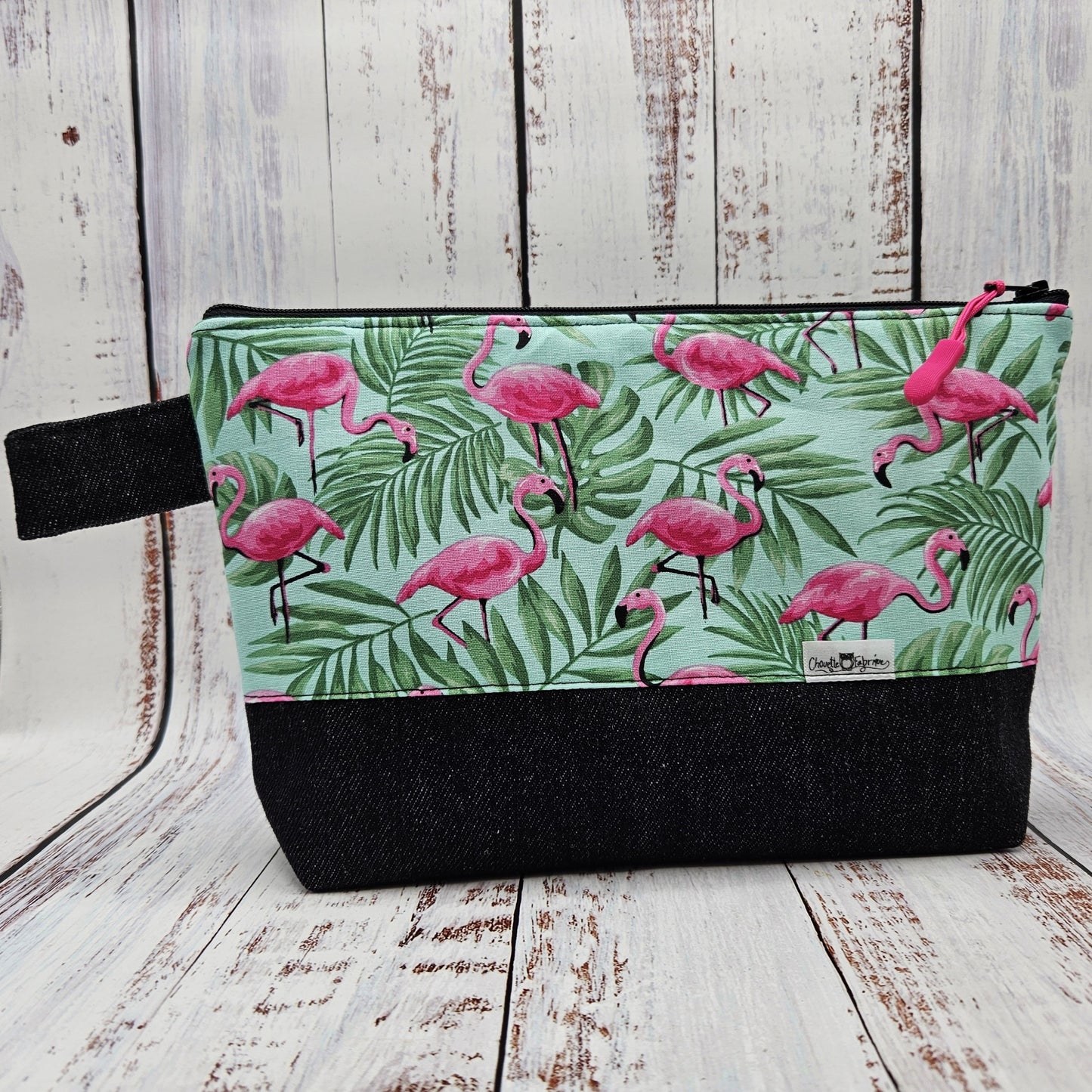 Trousse de voyage - Sac à cosmétiques/maquillage - Étui à crayons - Flamants roses - Feuillages vert sur fond menthe