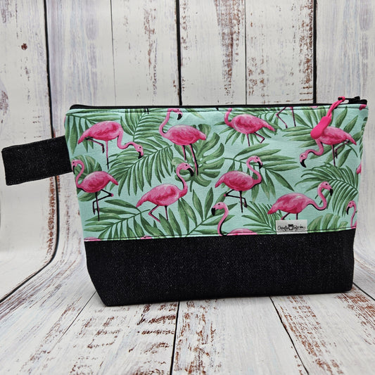 Trousse de voyage - Sac à cosmétiques/maquillage - Étui à crayons - Flamants roses - Feuillages vert sur fond menthe