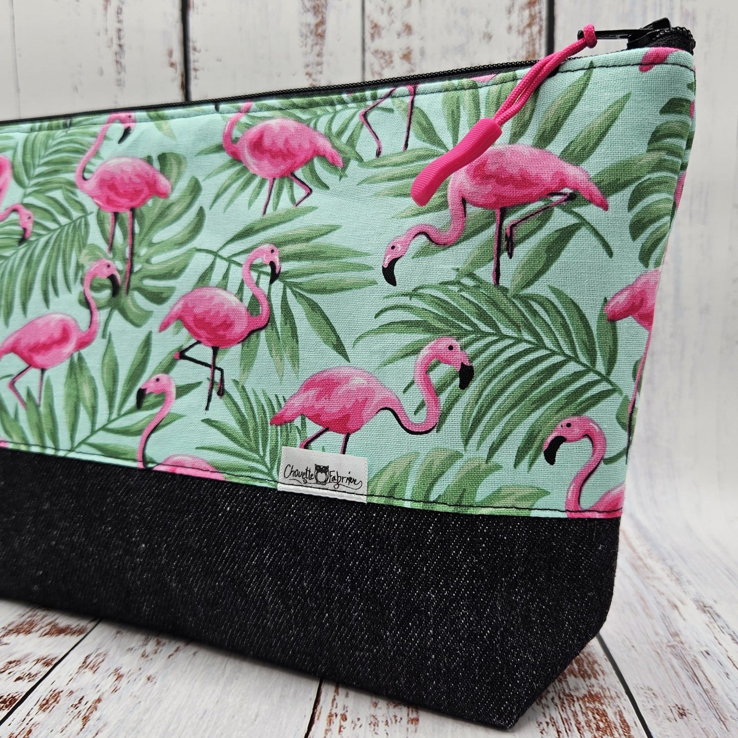 Trousse de voyage - Sac à cosmétiques/maquillage - Étui à crayons - Flamants roses - Feuillages vert sur fond menthe
