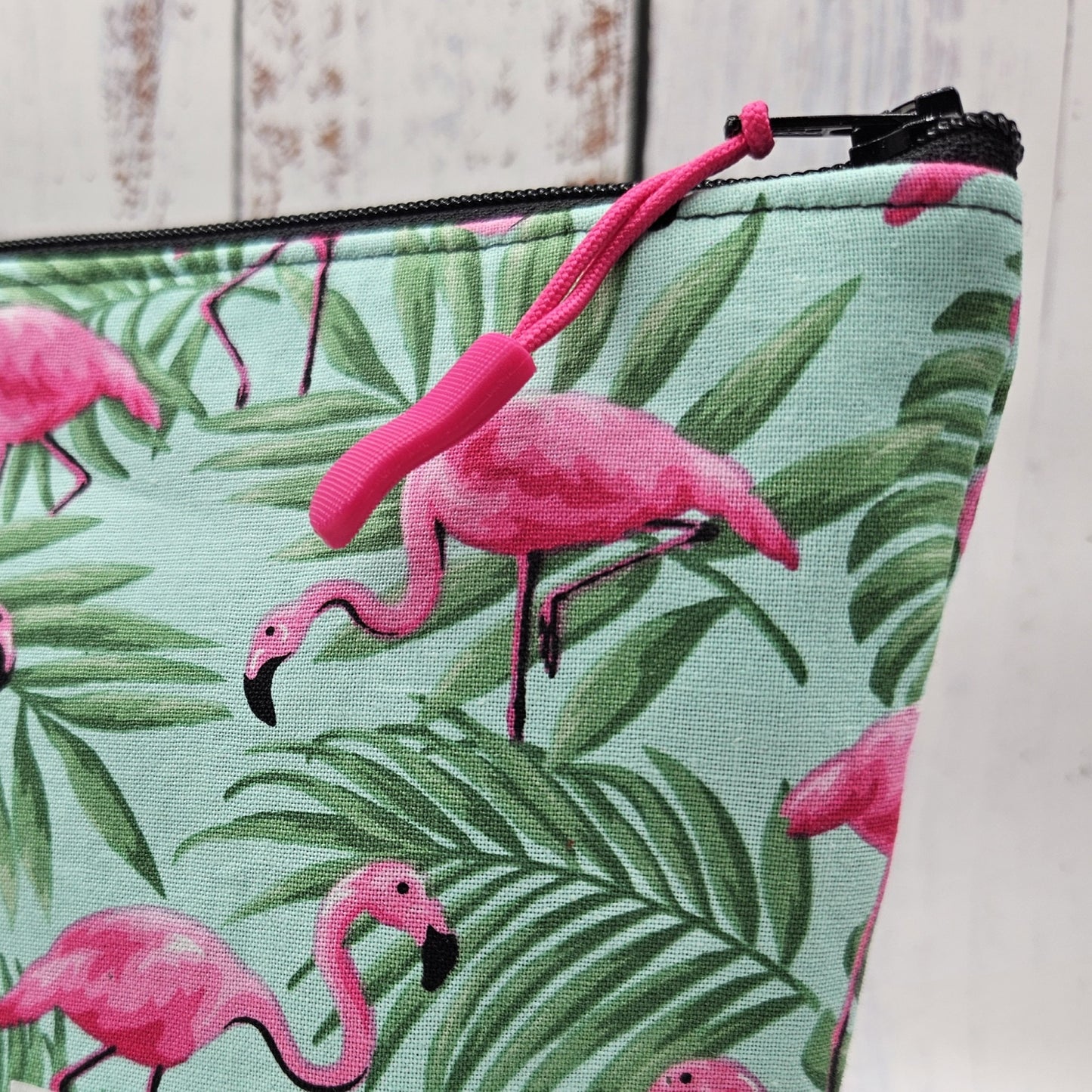 Trousse de voyage - Sac à cosmétiques/maquillage - Étui à crayons - Flamants roses - Feuillages vert sur fond menthe