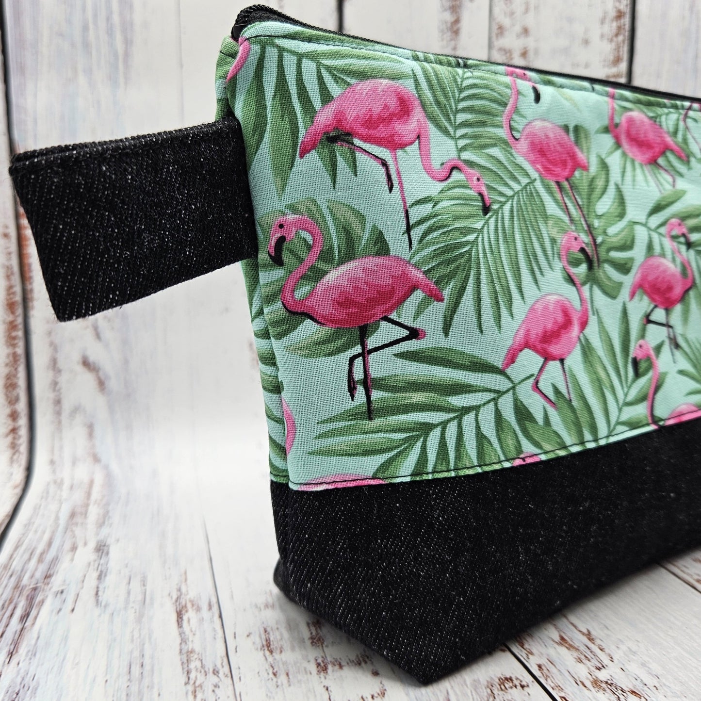 Trousse de voyage - Sac à cosmétiques/maquillage - Étui à crayons - Flamants roses - Feuillages vert sur fond menthe