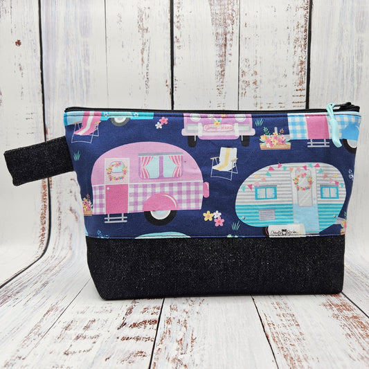 Trousse de voyage - Sac à cosmétiques/maquillage - Étui à crayons - Camping - Roulottes - Bleu & Rose