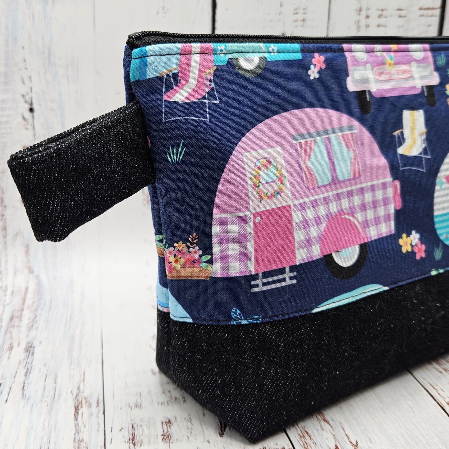 Trousse de voyage - Sac à cosmétiques/maquillage - Étui à crayons - Camping - Roulottes - Bleu & Rose