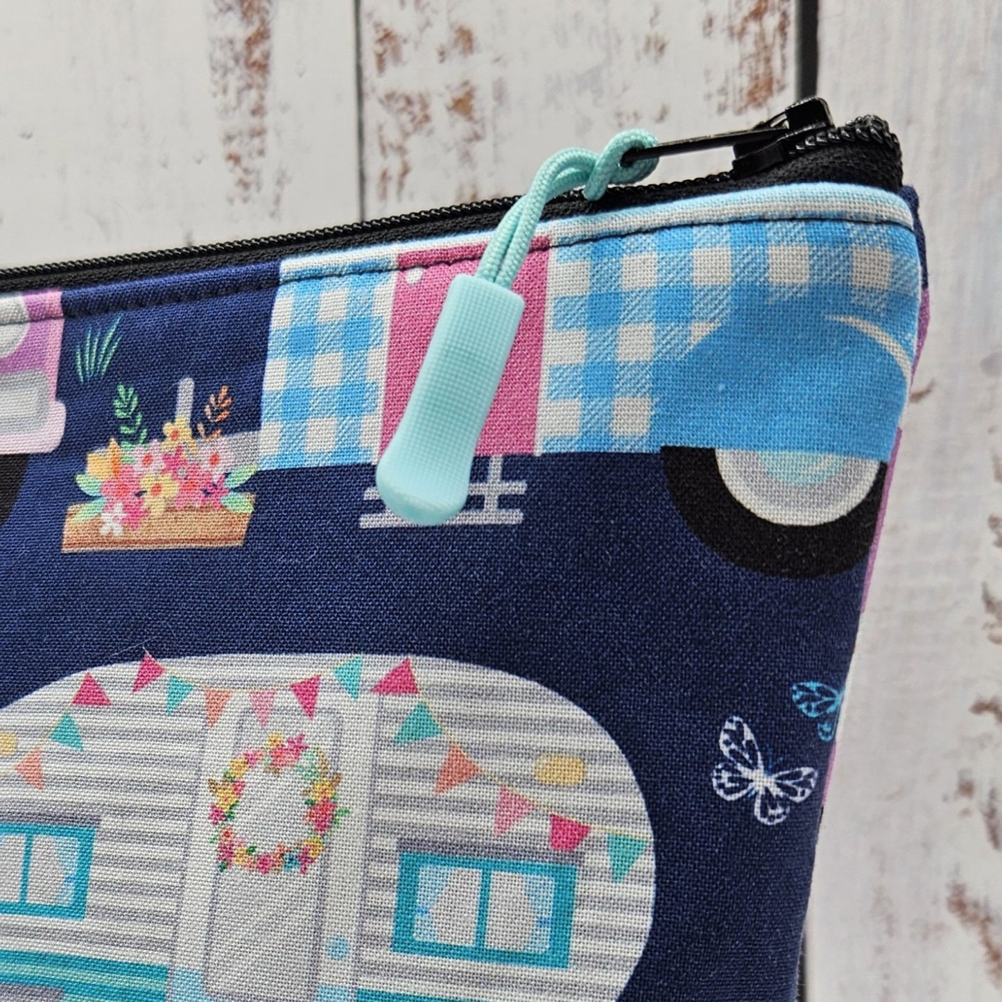 Trousse de voyage - Sac à cosmétiques/maquillage - Étui à crayons - Camping - Roulottes - Bleu & Rose