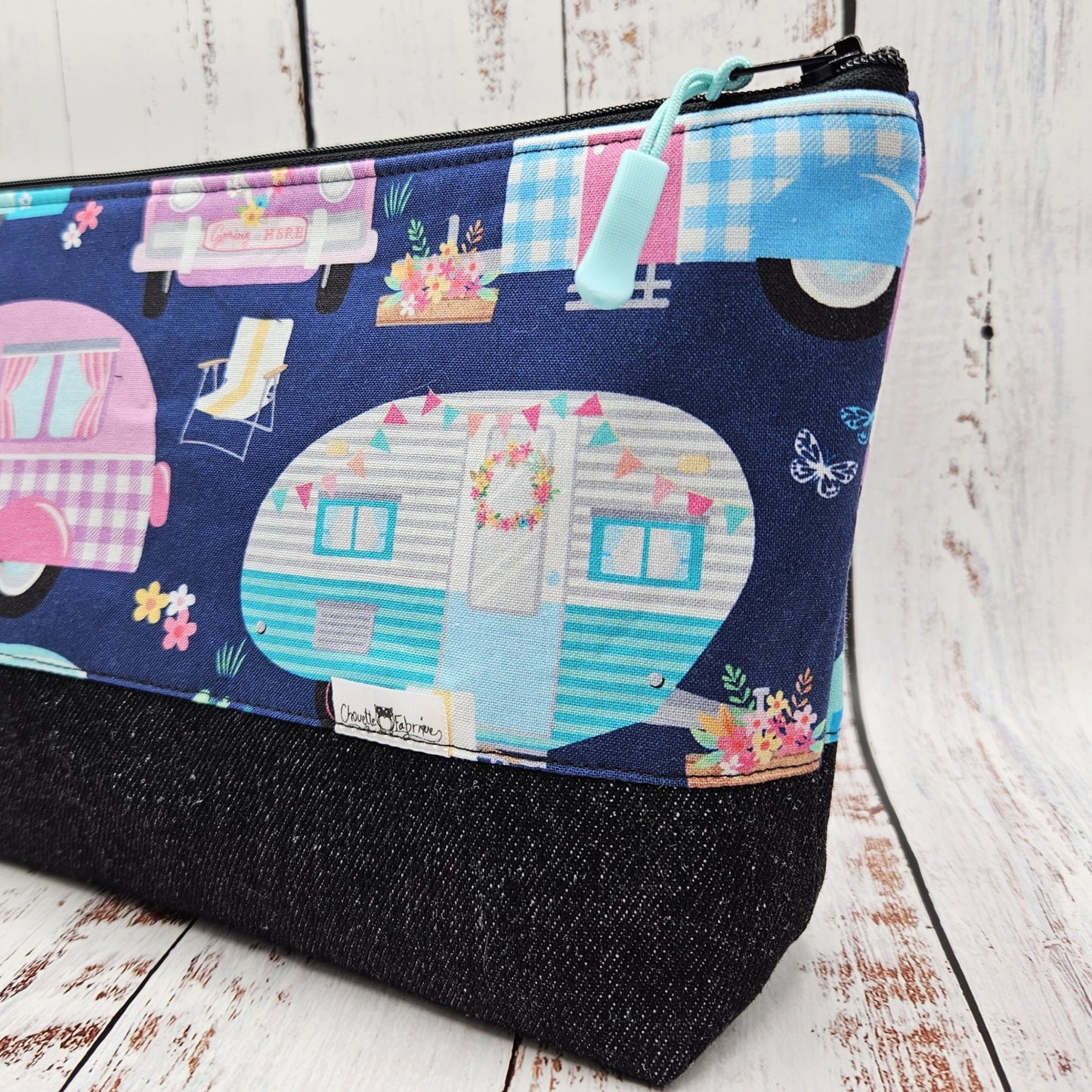 Trousse de voyage - Sac à cosmétiques/maquillage - Étui à crayons - Camping - Roulottes - Bleu & Rose