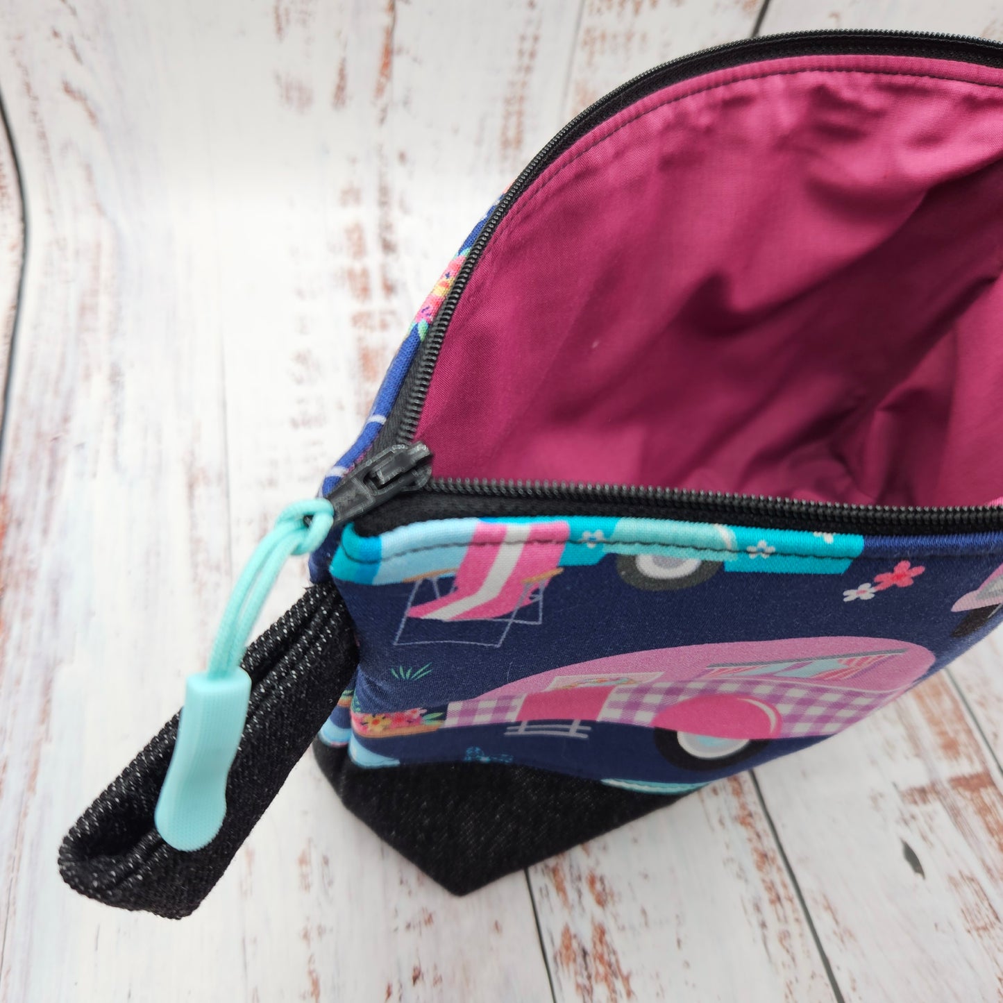 Trousse de voyage - Sac à cosmétiques/maquillage - Étui à crayons - Camping - Roulottes - Bleu & Rose