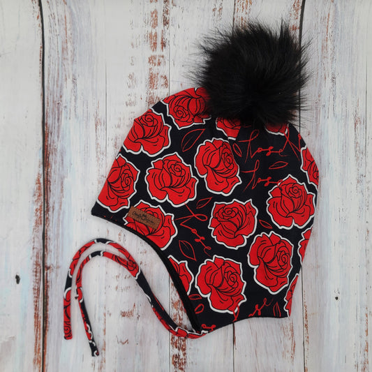 ADULTE - Tuque Printemps/Automne (JERSEY) avec Cordons  Pompon amovible - Roses rouges sur fond noir