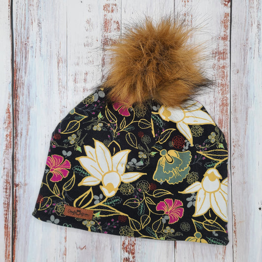 ADULTE - Tuque Printemps/Automne (JERSEY) Pompon amovible - Motifs Or, blanc et fuchsia sur fond noir