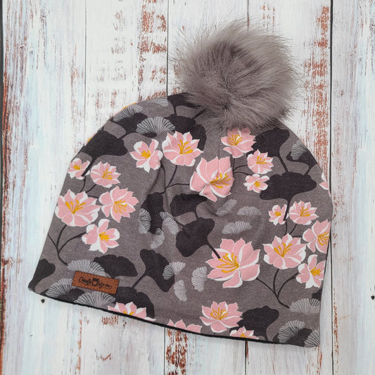 ENFANT - Tuque Hiver (POLAR) Pompon amovible - Fleurs roses antiques et taupe