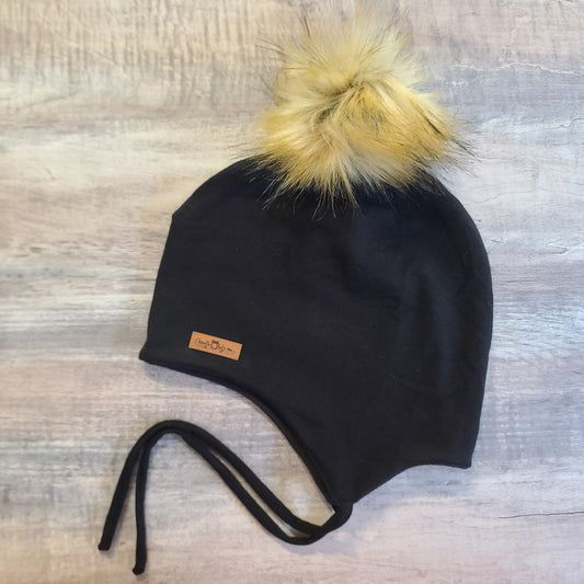 ENFANT - Tuque Hiver (POLAR) avec Cordons Pompon amovible - Noire