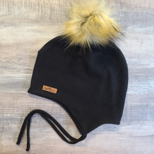 ENFANT - Tuque Printemps/Automne (JERSEY) avec Cordons Pompon amovible - UNIE - Noire