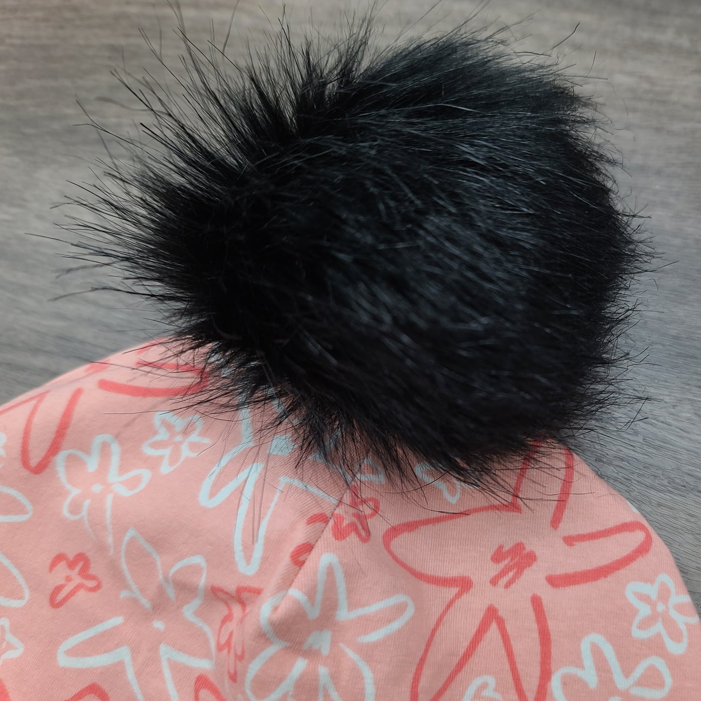 ENFANT - Tuque Printemps/Automne (JERSEY) Pompon amovible - Fleurs/Étoiles - Corail