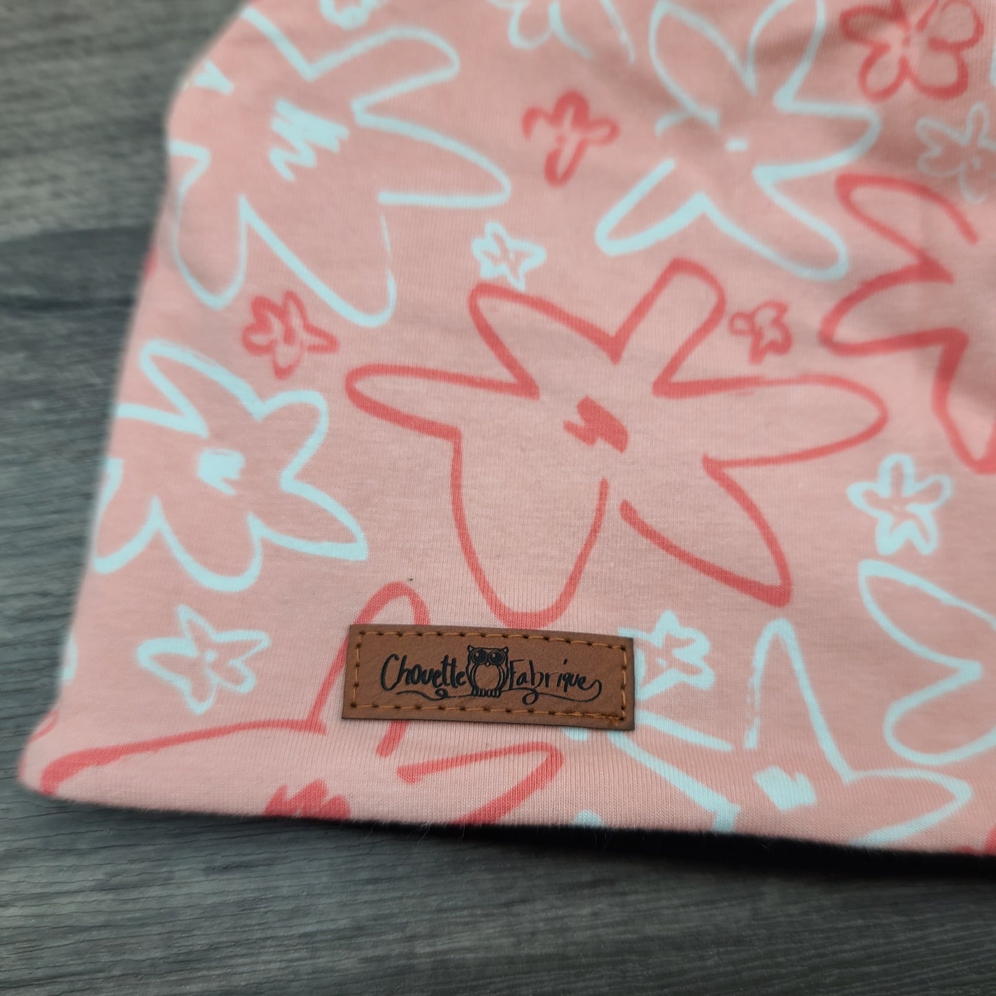 ENFANT - Tuque Printemps/Automne (JERSEY) Pompon amovible - Fleurs/Étoiles - Corail