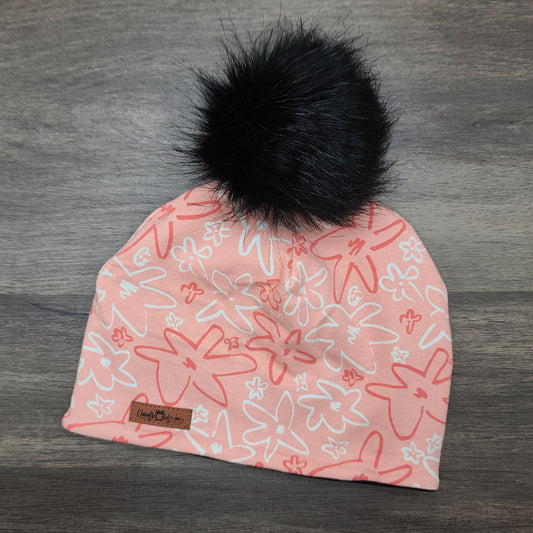 ENFANT - Tuque Printemps/Automne (JERSEY) Pompon amovible - Fleurs/Étoiles - Corail