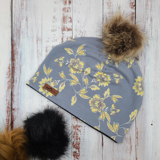 ADULTE - Tuque Printemps/Automne (JERSEY)  Pompon amovible - Fleurs - Fond gris - Jaune, chocolat et blanc