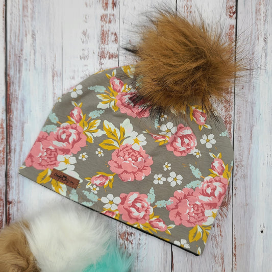 ADULTE - Tuque Printemps/Automne (JERSEY)  Pompon amovible - Fleurs - Fonc couleur Sauge - Corail, blanc, moutarde et menthe