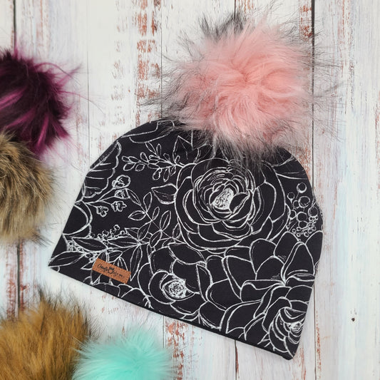 ADULTE - Tuque Printemps/Automne (JERSEY)  Pompon amovible - Fleurs - Tuque Noire avec motifs blancs