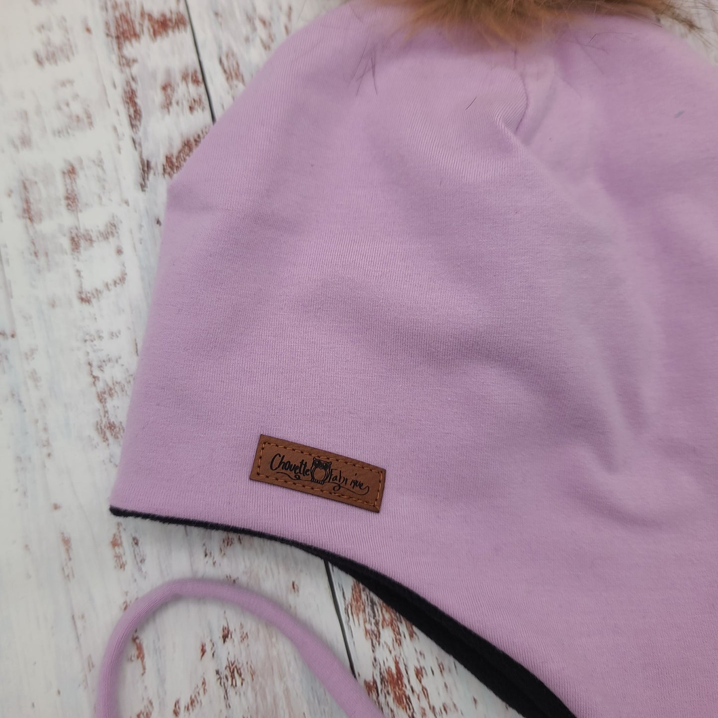 ENFANT - Tuque Hiver (POLAR) avec Cordons  Pompon amovible - UNIE - Lilas pâle