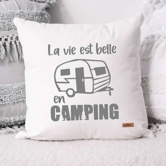 Coussin - Carré - Blanc - LA VIE EST BELLE EN CAMPING - ROULOTTE