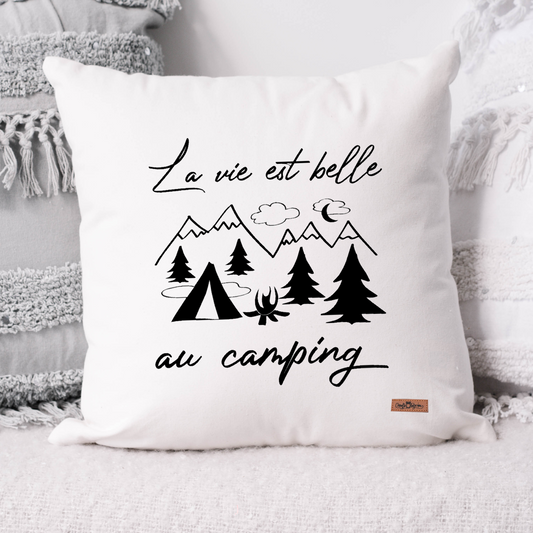Coussin - Carré - Blanc - LA VIE EST BELLE EN CAMPING - TENTE