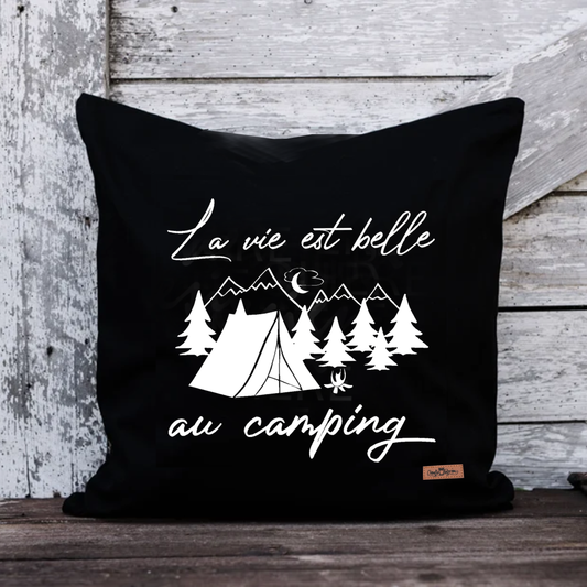 Coussin - Carré - Noir - LA VIE EST BELLE EN CAMPING - TENTE V2