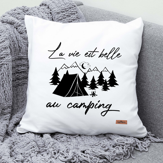Coussin - Carré - Blanc - LA VIE EST BELLE EN CAMPING - TENTE V2