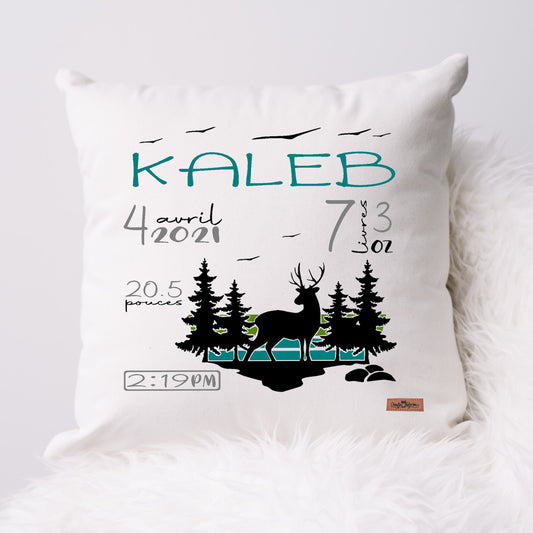 Coussin Statistiques de naissance - Carré - Blanc - CHEVREUIL NATURE FORÊT