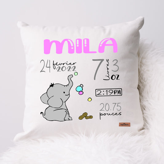 Coussin Statistiques de naissance - Carré - Blanc - ÉLÉPHANT