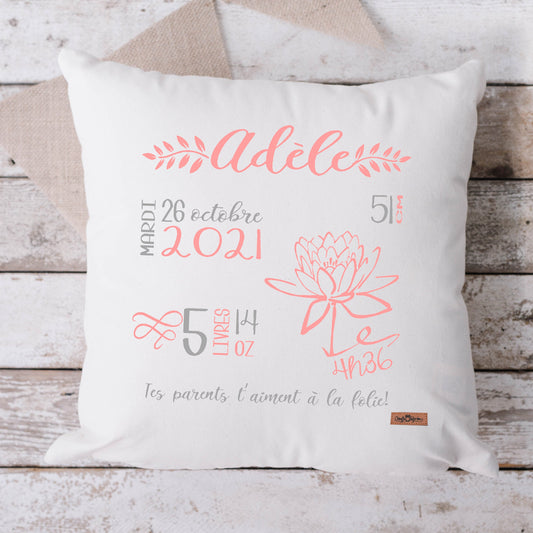 Coussin Statistiques de naissance - Carré - Blanc - FLEUR BLOOM