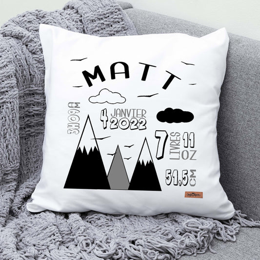 Coussin Statistiques de naissance - Carré - Blanc - MONTAGNES - LETTRAGE ARRONDI