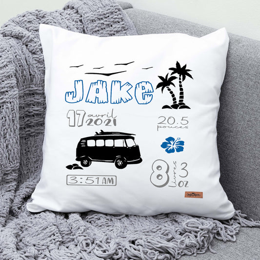 Coussin Statistiques de naissance - Carré - Blanc - WAGON VAN SURF
