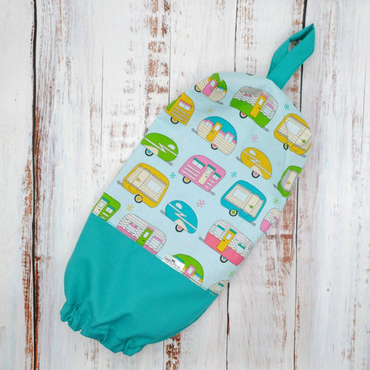 Sac "à sacs" de plastique (débarbouillettes, guenilles, etc.) - Roulottes (Fond bleu)