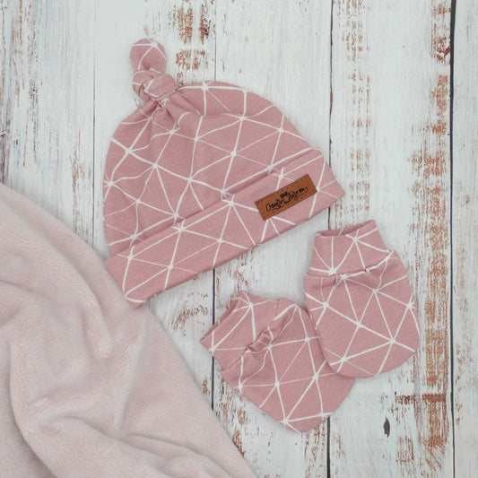 Ensemble de naissance pour bébé - Tuque (1 nœud) et mitaines pour nouveau-né ou 0-3 mois - Rose points reliés