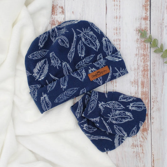 Ensemble de naissance pour bébé - Tuque et mitaines pour nouveau-né ou 0-3 mois – Marine - Plumes blanches
