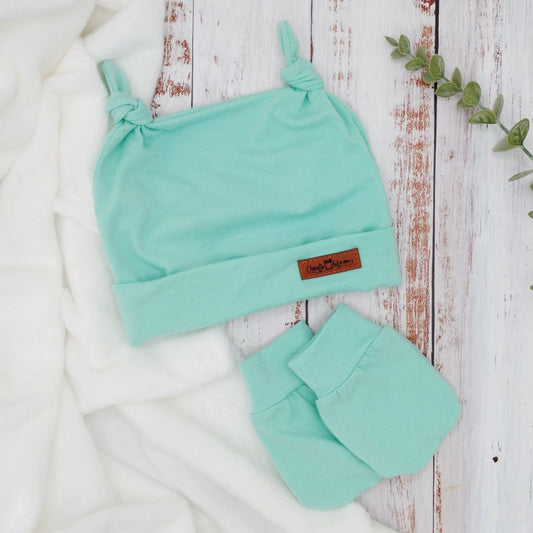 Ensemble de naissance pour bébé - Tuque (2 nœuds) et mitaines pour nouveau-né ou 0-3 mois - Menthe