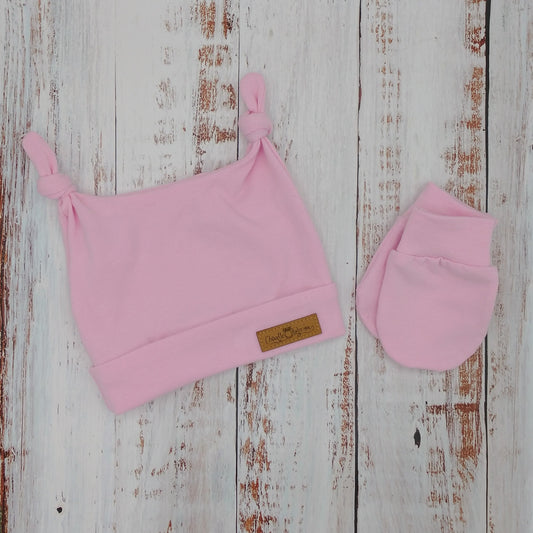 Ensemble de naissance pour bébé - Tuque (2 nœuds) et mitaines pour nouveau-né ou 0-3 mois - Rose