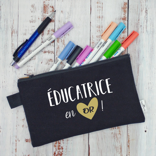 (CHOIX COULEURS) Étui à crayons - Éducatrice en or ! (ou Éducateur) - Coeur OR