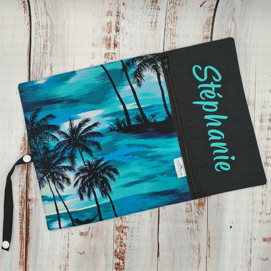 Napperon personnalise (Couleur d'impression au choix) - Plage/Surf/Palmiers - Pochette noire