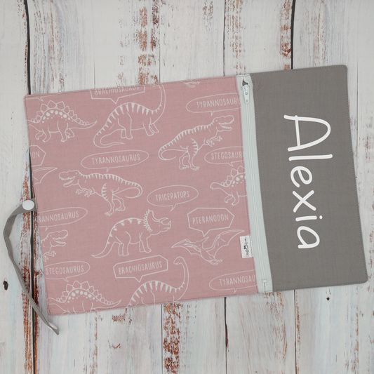 Napperon personnalisé (Couleur d'impression au choix) - Dinosaures - Roses Antique - Pochette Grise