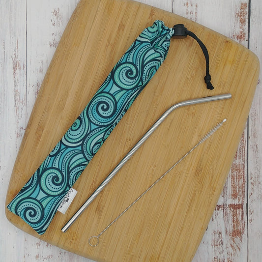 Ensemble "Paille, brosse et pochette de rangement" - Réutilisable, lavable et imperméable - Vagues