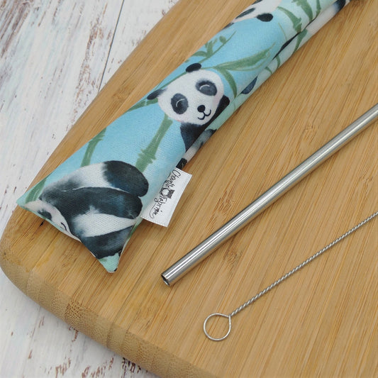 Ensemble "Paille, brosse et pochette de rangement" - Réutilisable, lavable et imperméable - Pandas