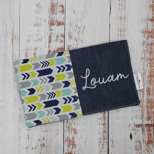 Protège-carnet de santé - Vaccination - Personnalisé - Flèches horizontales - Marine, lime et bleu ciel (DENIM #2)