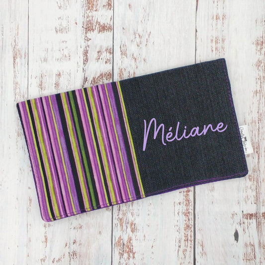 Protège-carnet de santé - Vaccination - Personnalisé - Géométrique - Lignes - Violet, lilas et lime