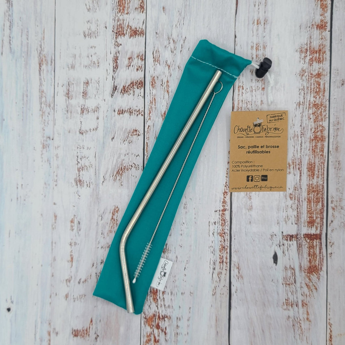 Ensemble "Paille, brosse et pochette de rangement" - Réutilisable, lavable et imperméable - Jade