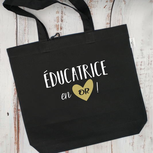 (CHOIX COULEURS & PROFESSION) Sac d'épicerie / Sac fourre-tout réutilisable et lavable - ÉDUCATRICE ou ÉDUCATEUR EN OR ! (coeur) - (Qui se roule pour le rangement)