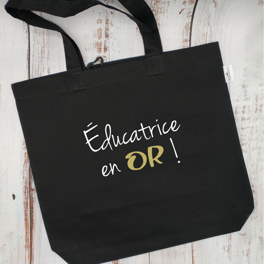 (CHOIX COULEURS & PROFESSION) Sac d'épicerie / Sac fourre-tout réutilisable et lavable - ÉDUCATRICE ou ÉDUCATEUR EN OR ! - (Qui se roule pour le rangement)