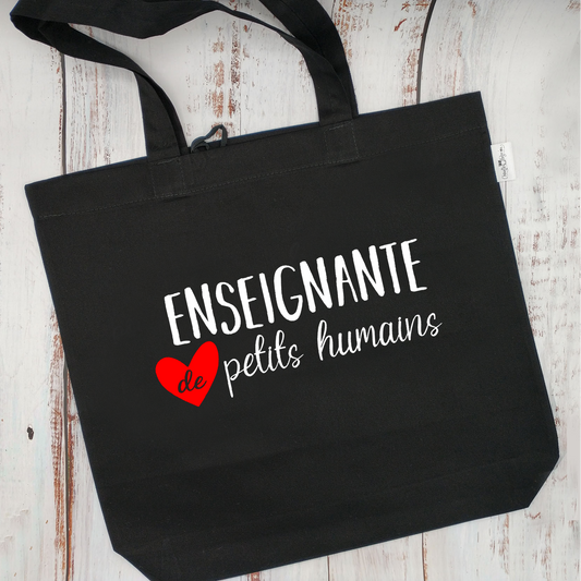 (CHOIX COULEURS) Sac d'épicerie / Sac fourre-tout réutilisable et lavable - ENSEIGNANT ou ENSEIGNANTE DE PETITS HUMAINS - (Qui se roule pour le rangement)