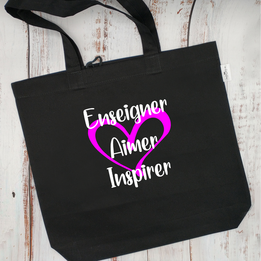 (CHOIX COULEURS) Sac d'épicerie / Sac fourre-tout réutilisable et lavable - ENSEIGNER, AIMER, INSPIRER  - (Qui se roule pour le rangement)