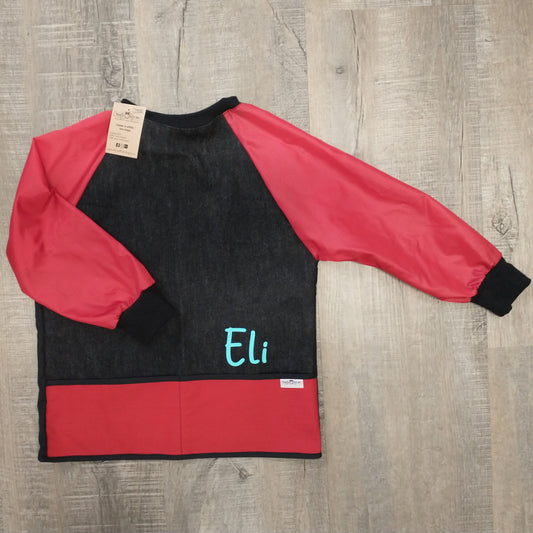 Tablier d'artiste/bricolage pour enfant avec manches et pochettes (Personnalisé avec prénom) - Manches rouges - Rouge - Noir