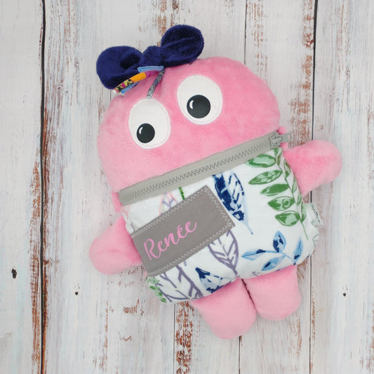 Toutou monstre mangeur de peurs, secrets, etc. - Feuillage Vert Violet et Rose - Personnalisé au prénom de l'enfant